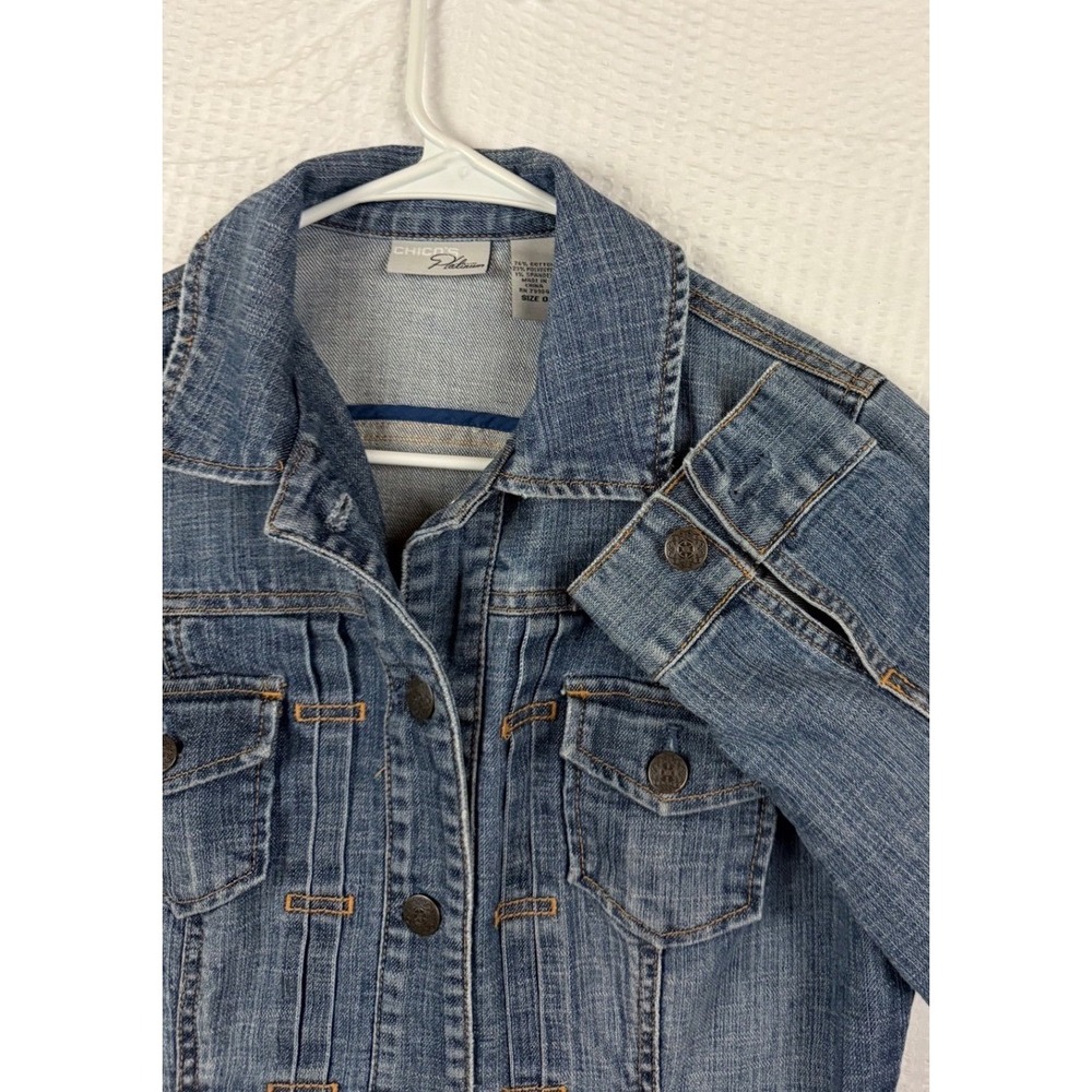 Chicos Platinum Denim Jacket Womens Size 0 Blue Button Front Pleated Stretch
